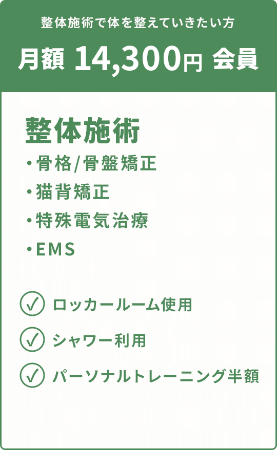整体施術で体を整えていきたい方 月額 14,300円 会員